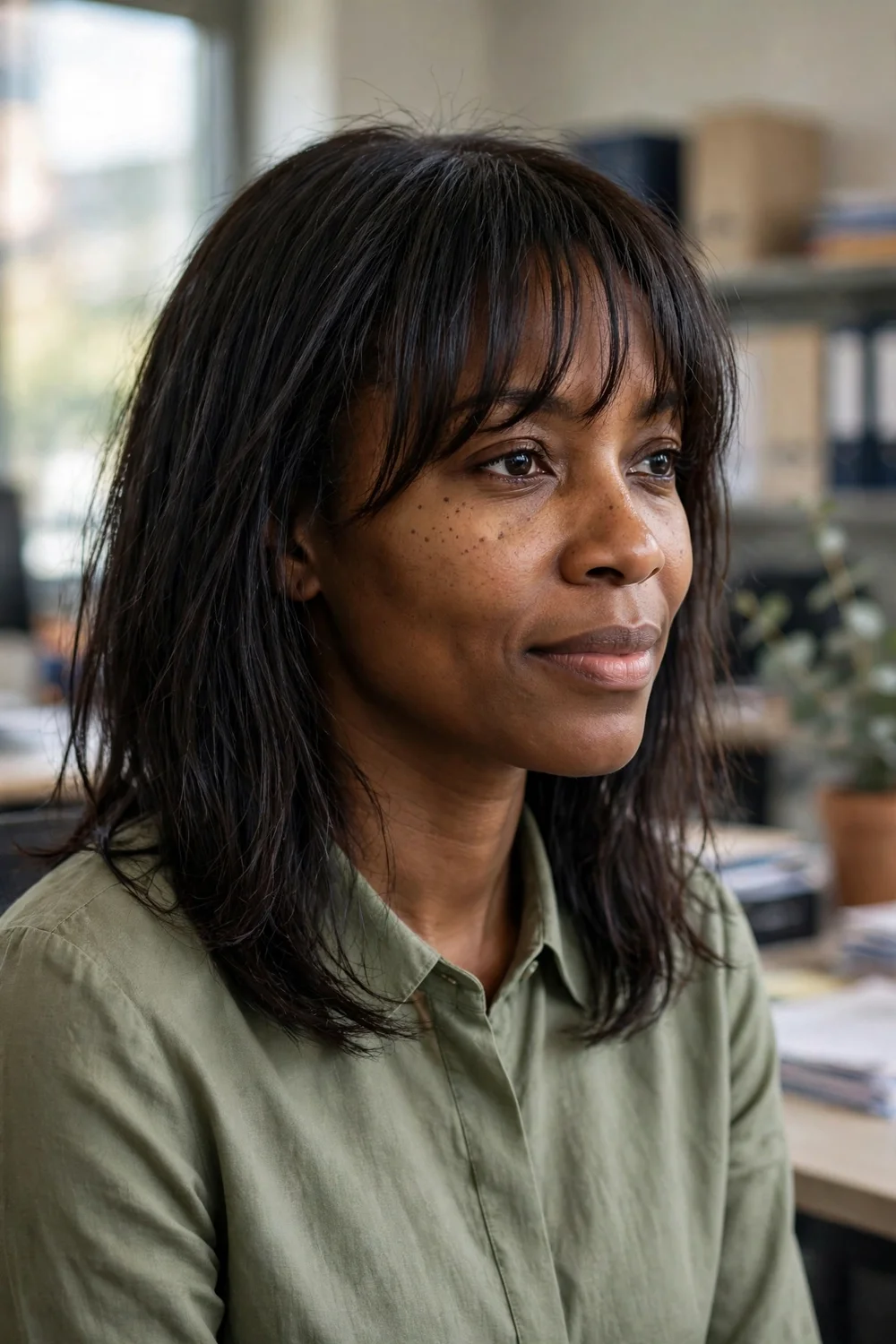 Woman with a medium haircut and long bangs for thin hair