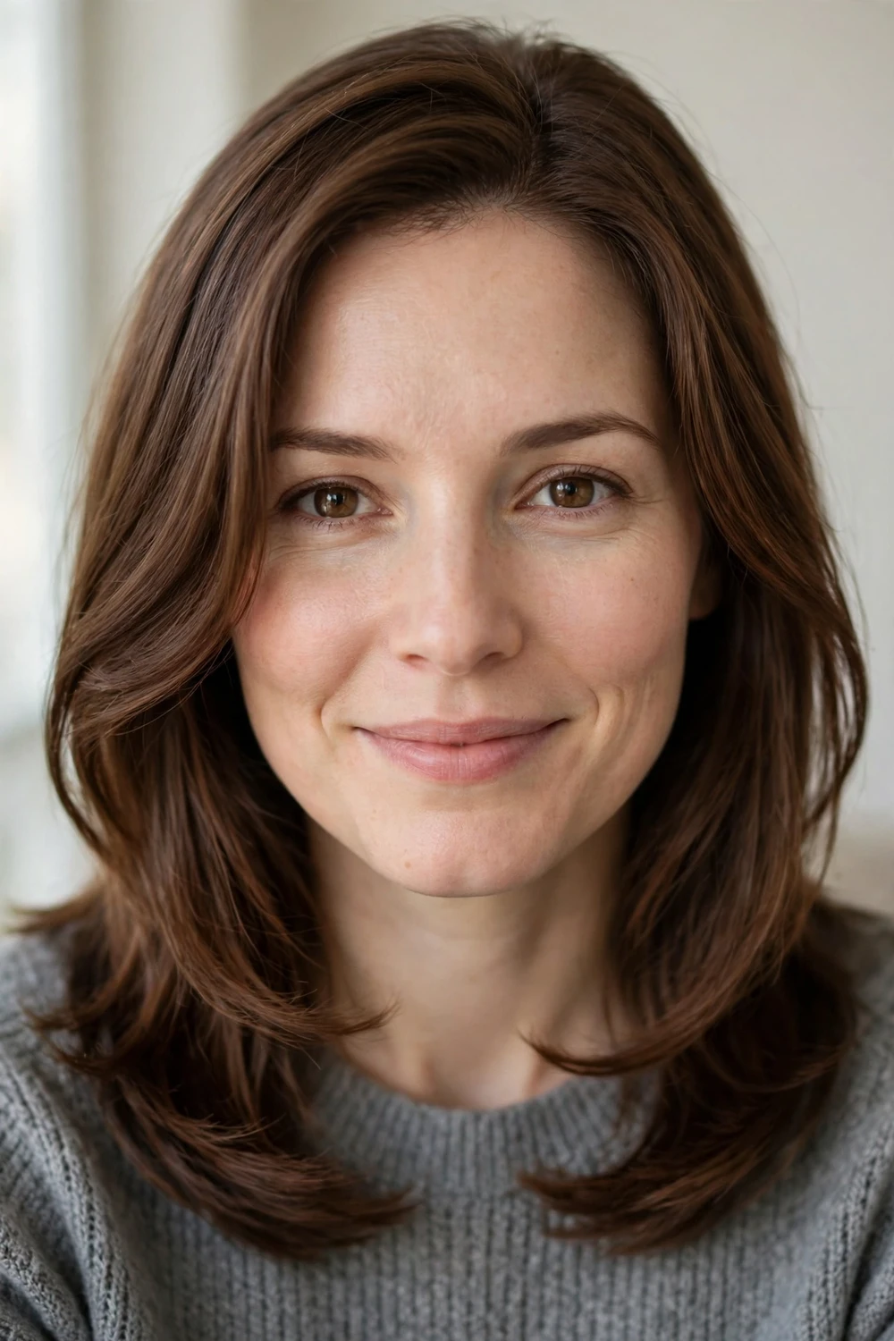 Woman with oval face wearing a medium cut with long face-framing pieces