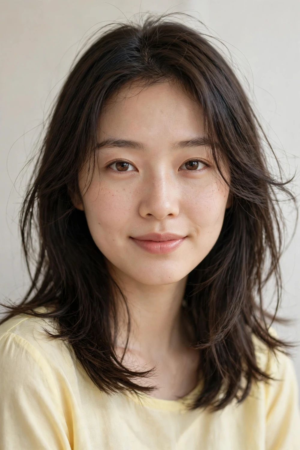 Oval-faced woman with a medium haircut with soft wispy ends