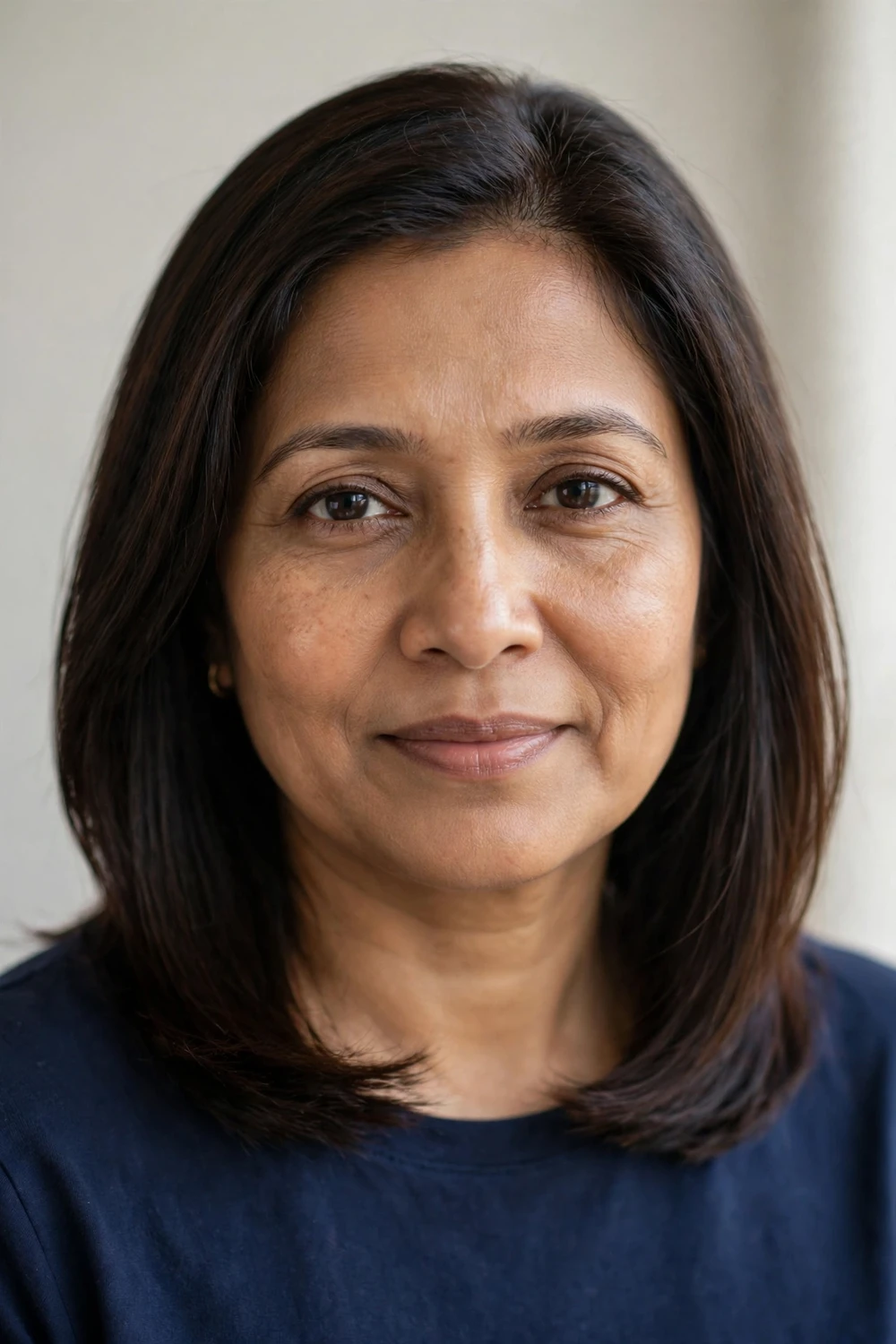 Oval-faced woman with a medium-length haircut with tapered ends