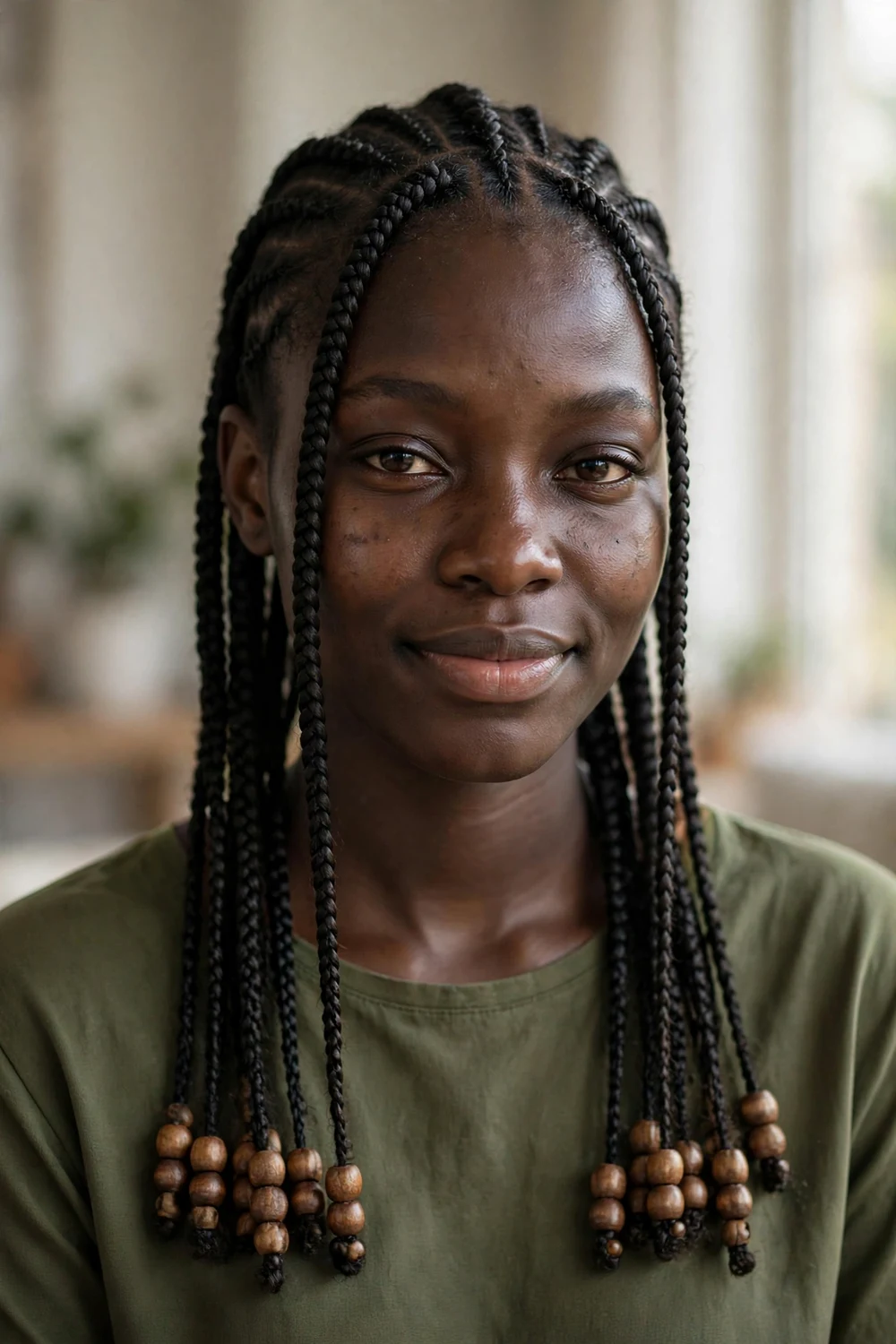 Black woman with medium-length Fulani braids with beads and a center cornrow
