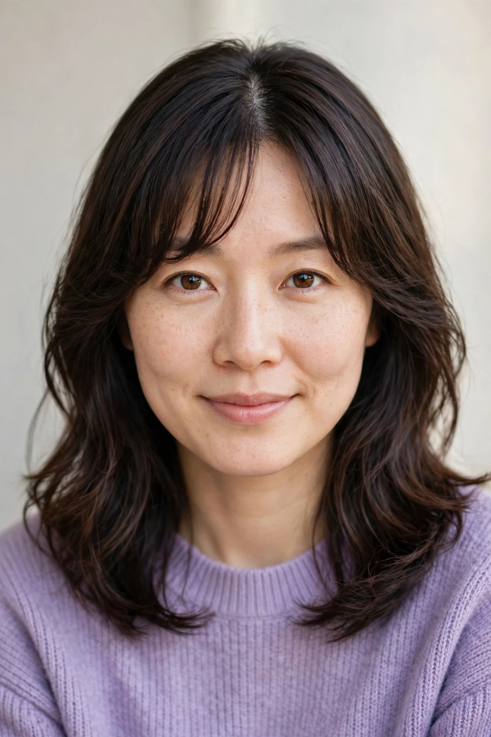 Woman with an oval face wearing medium-length hair with curtain bangs