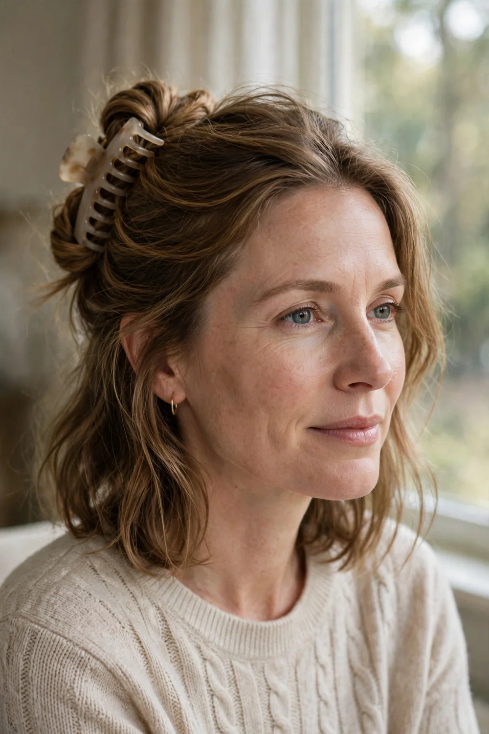 Woman with medium-length hair twisted up in a claw clip