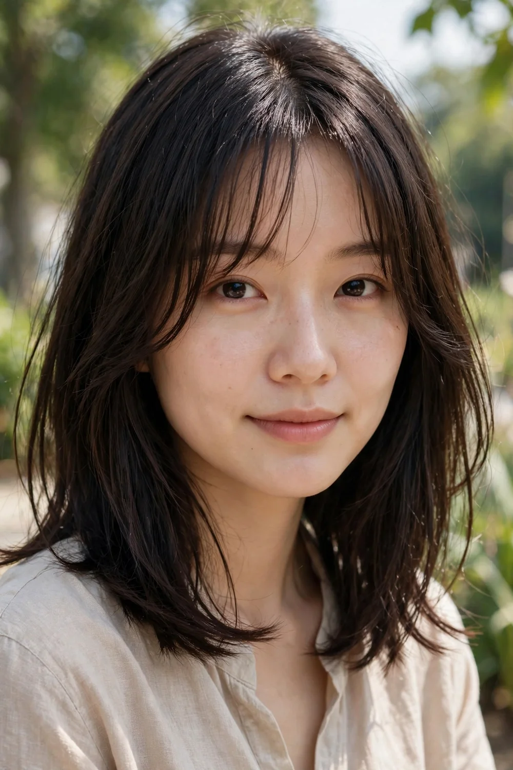 Woman with curtain bangs and air-dried medium-length hair