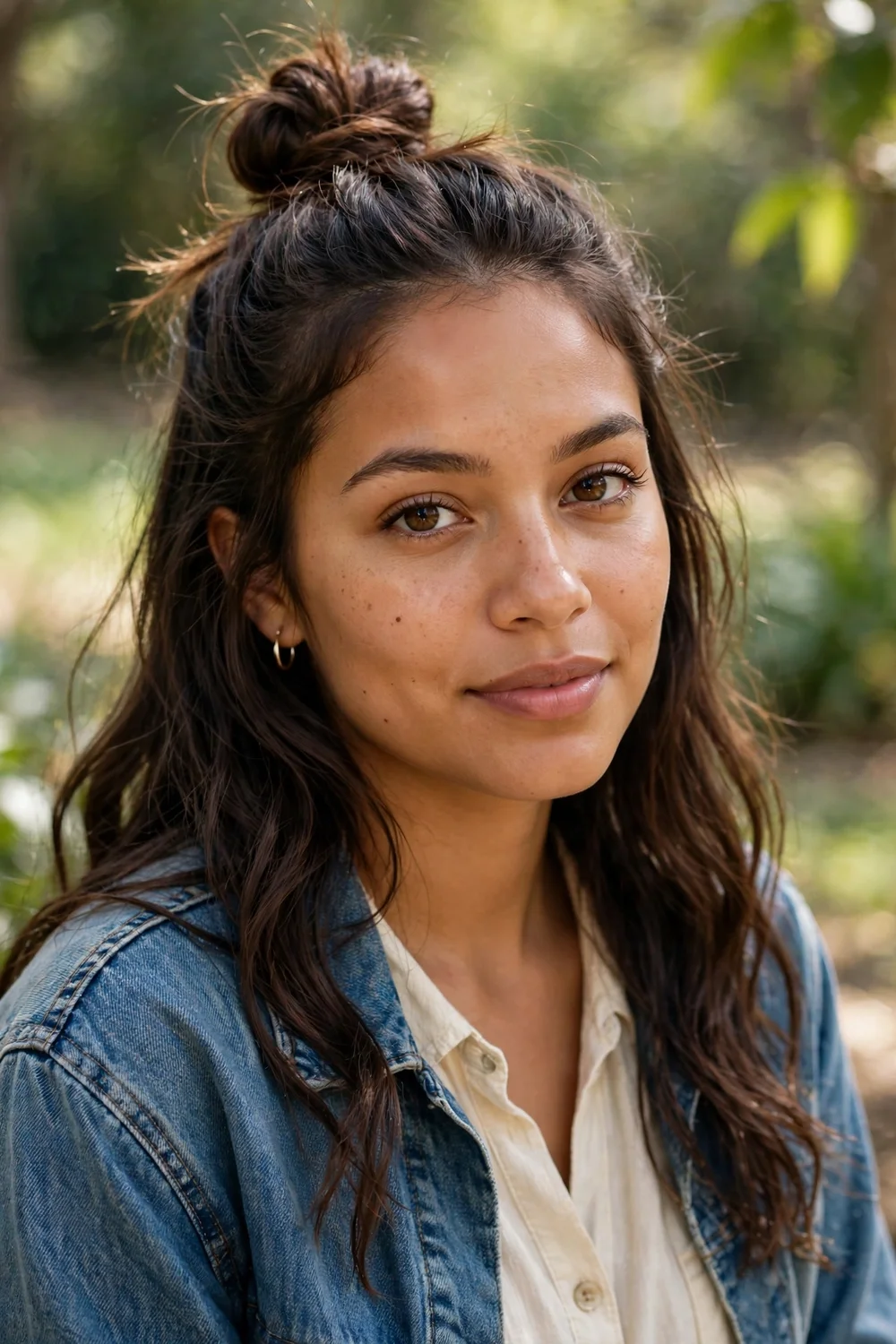 Woman with a half-up top knot in medium-length hair