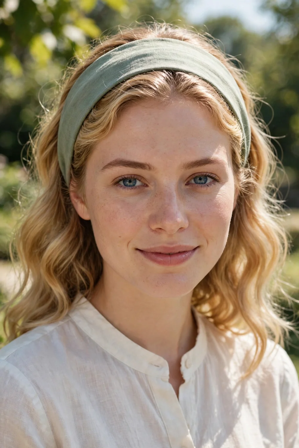 Woman with medium-length hair tucked behind a wide headband