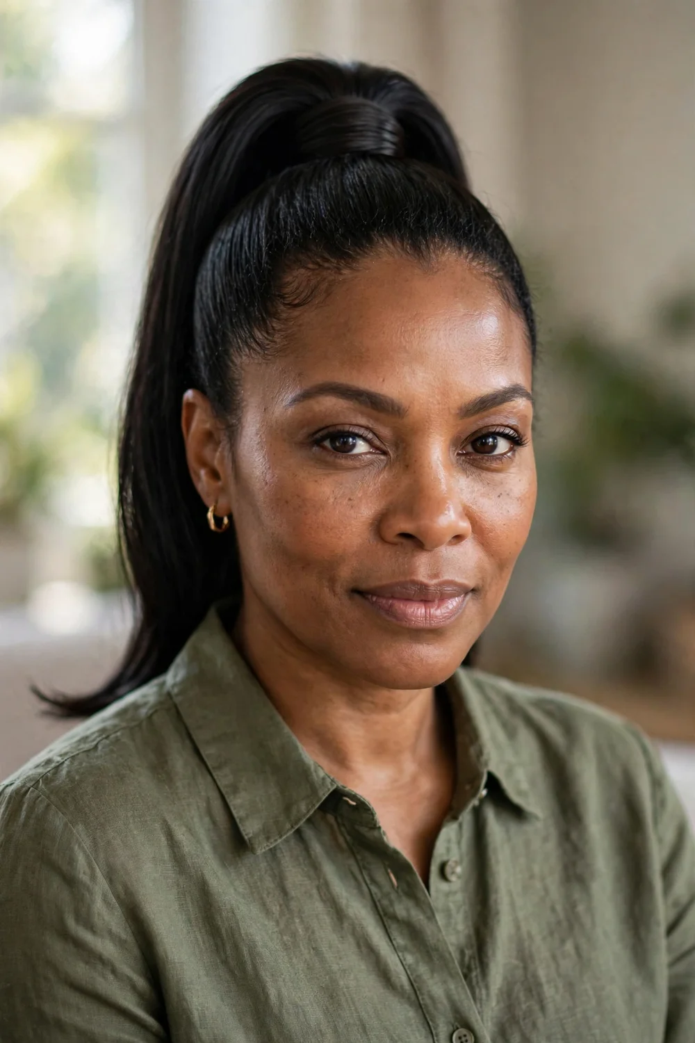 Woman with a high ponytail with wrapped base in medium-length hair