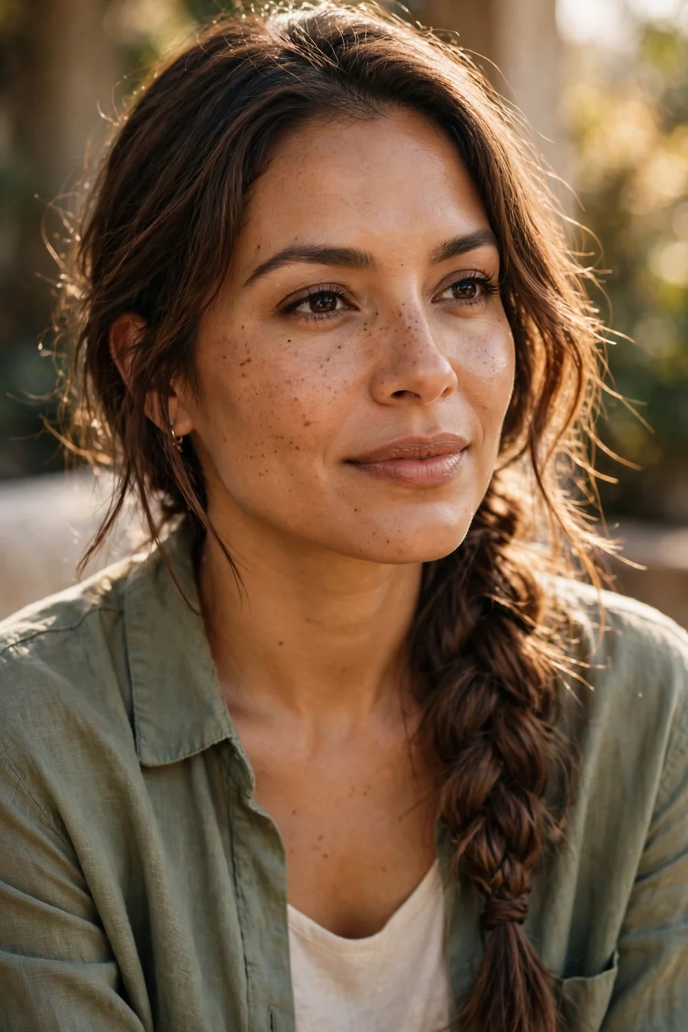 Woman with a loose side braid in medium-length hair