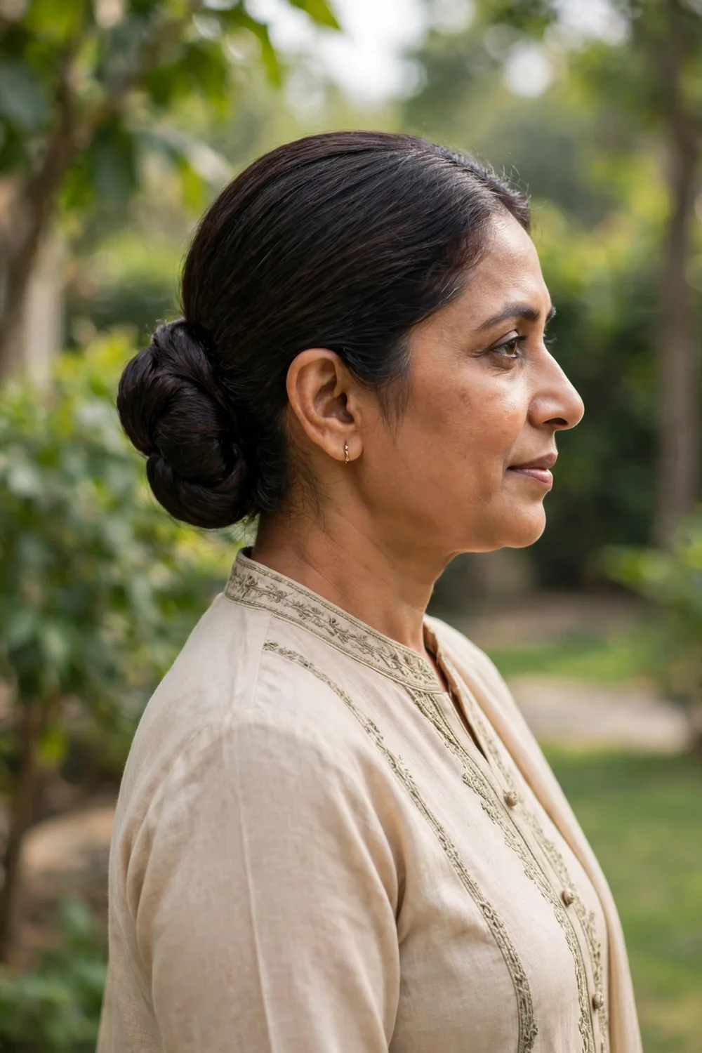 Woman with a low chignon bun in medium-length hair