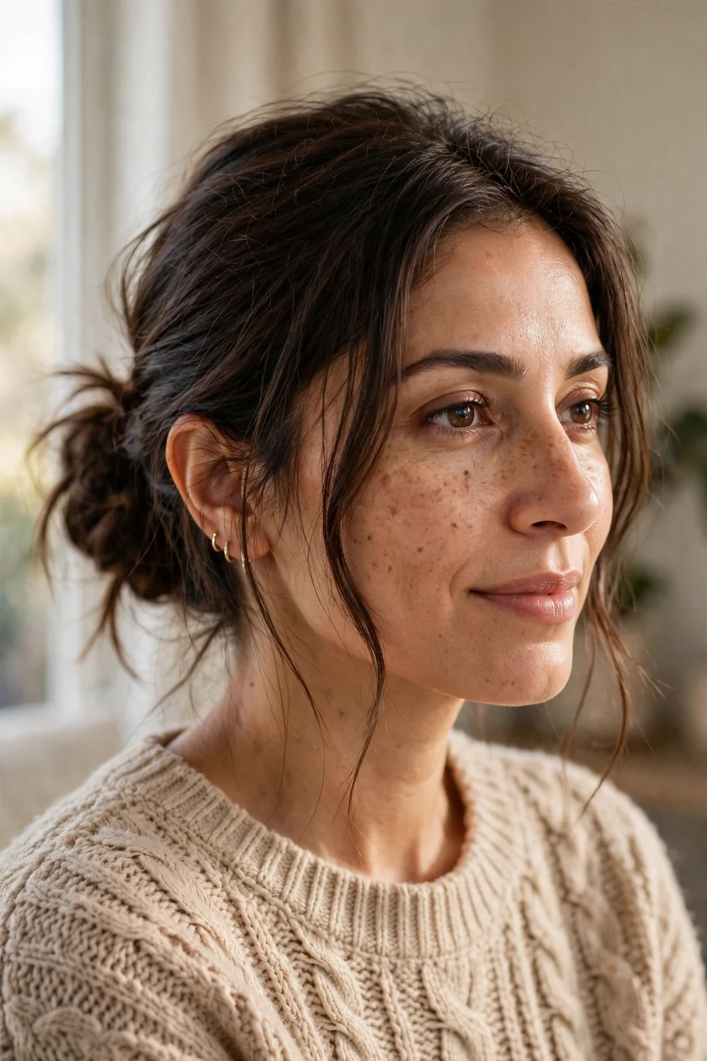 Woman with a low messy bun in medium-length hair