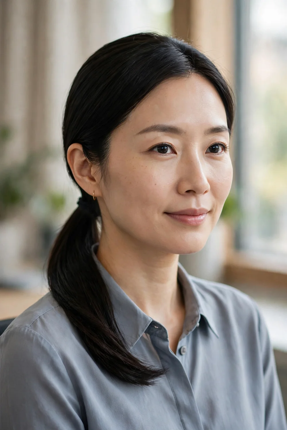 Woman with a sleek low ponytail in medium-length hair
