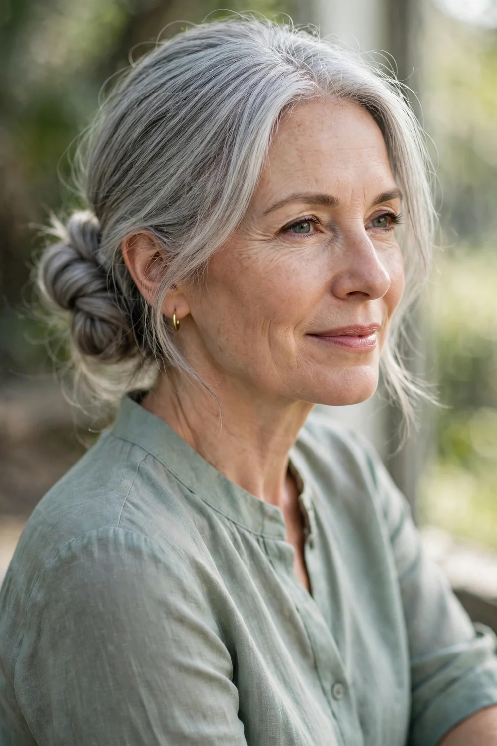Woman with a low side bun in medium-length hair
