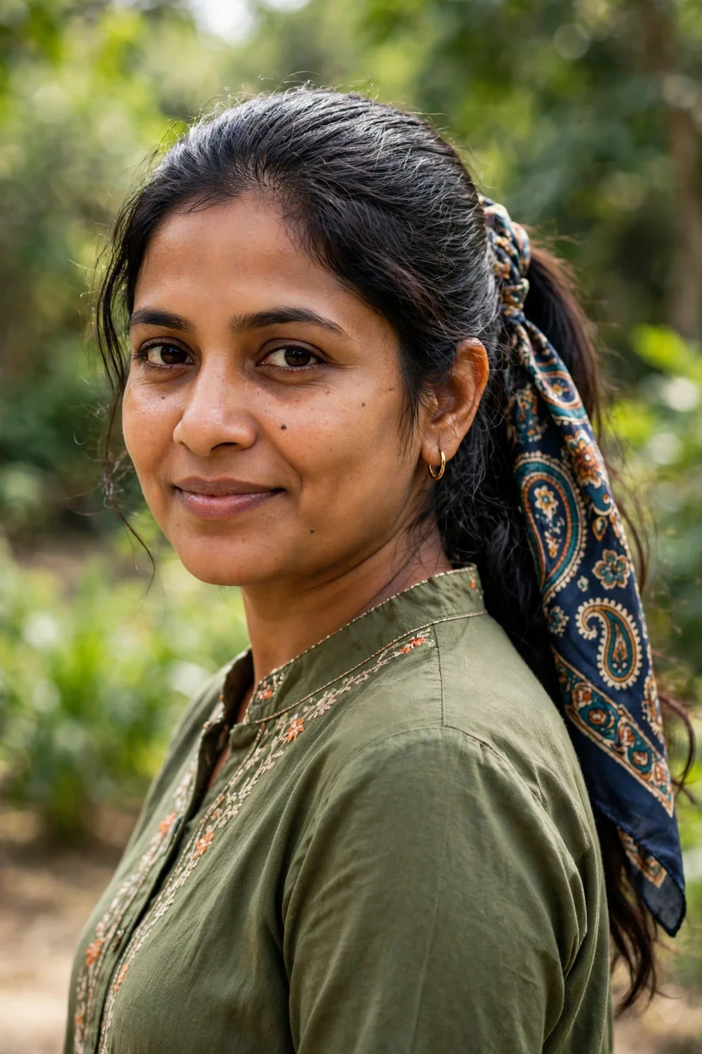 Woman with a ponytail wrapped with a silk scarf in medium-length hair