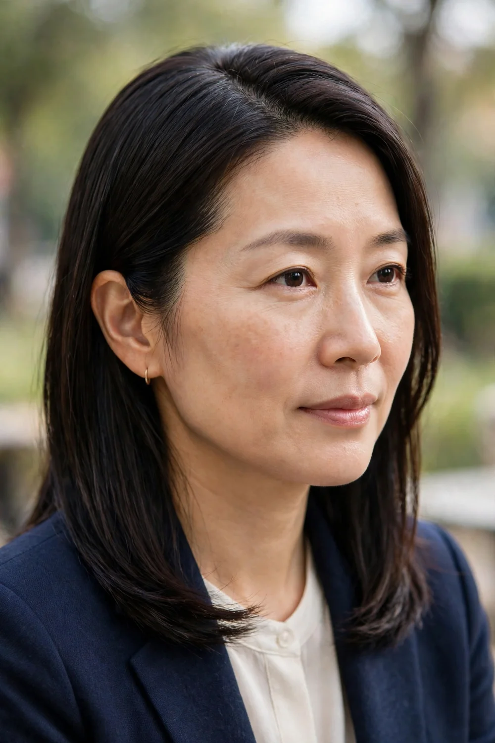 Woman with medium-length hair side-parted and tucked behind the ear