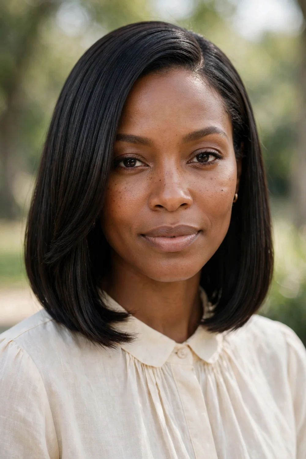 Woman with a sleek straight lob in medium-length hair