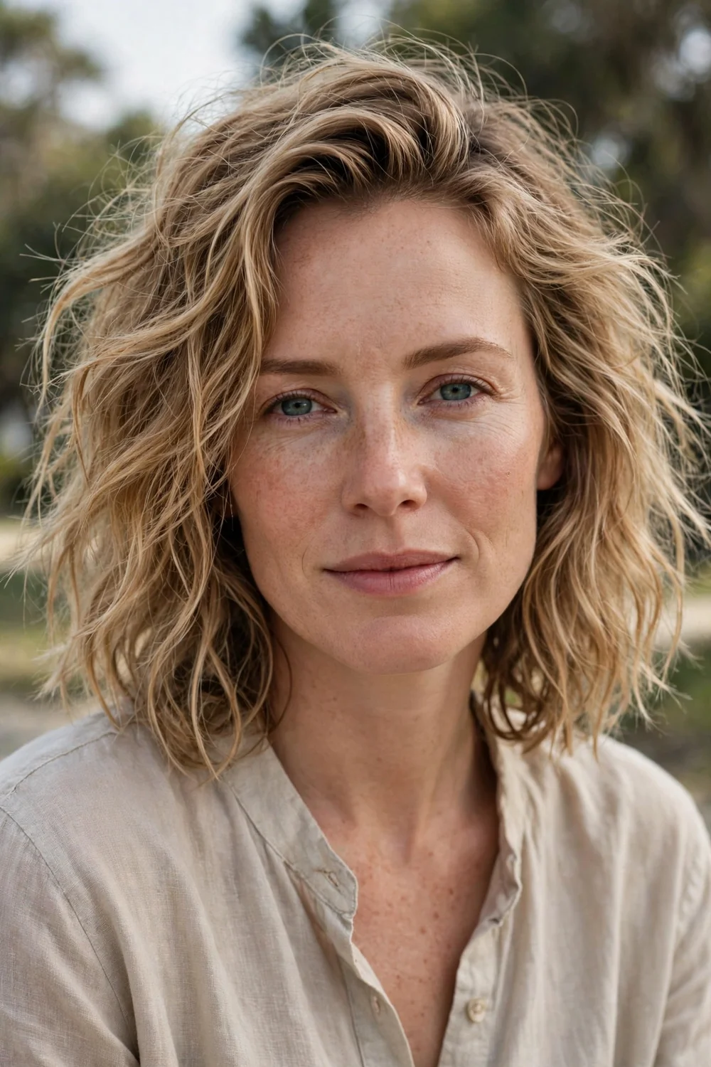 Woman with tousled air-dried waves in medium-length hair