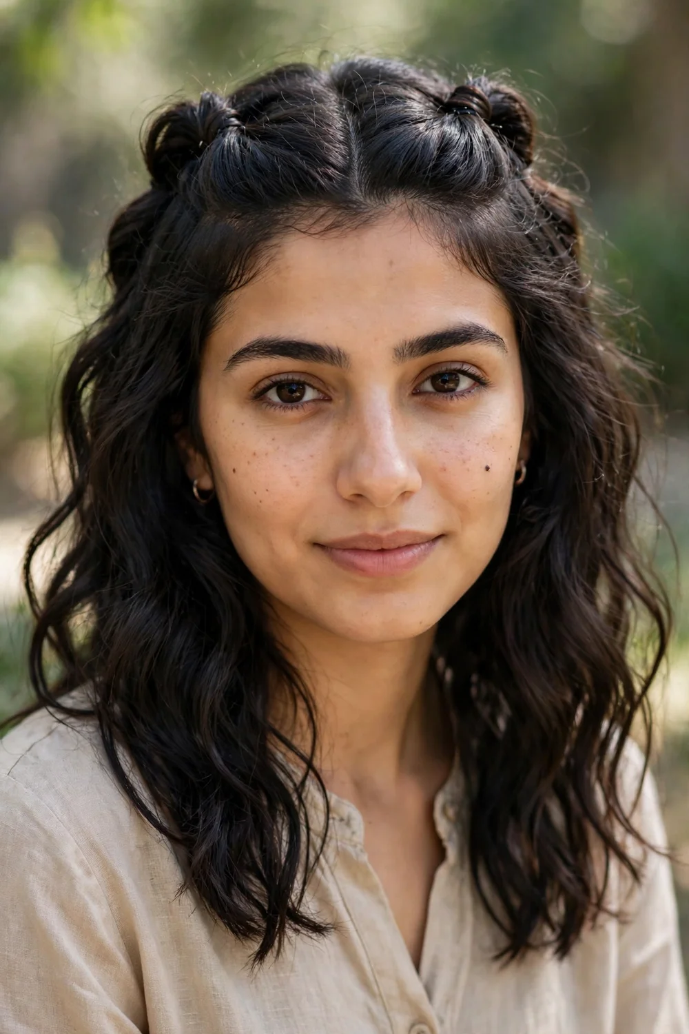 Woman with a twisted half-up hairstyle in medium-length hair