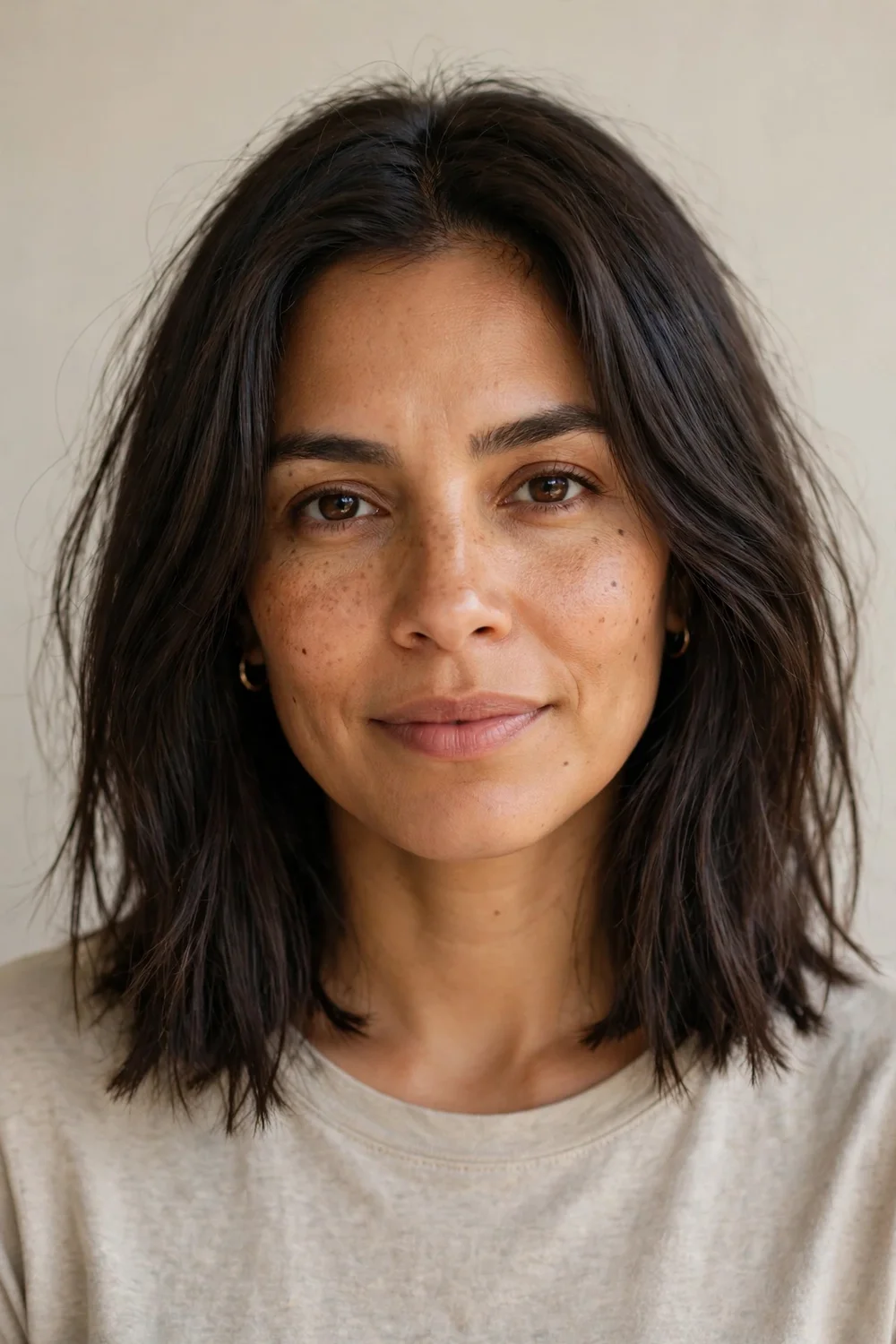 Woman with a blunt wash-and-go lob haircut at collarbone length