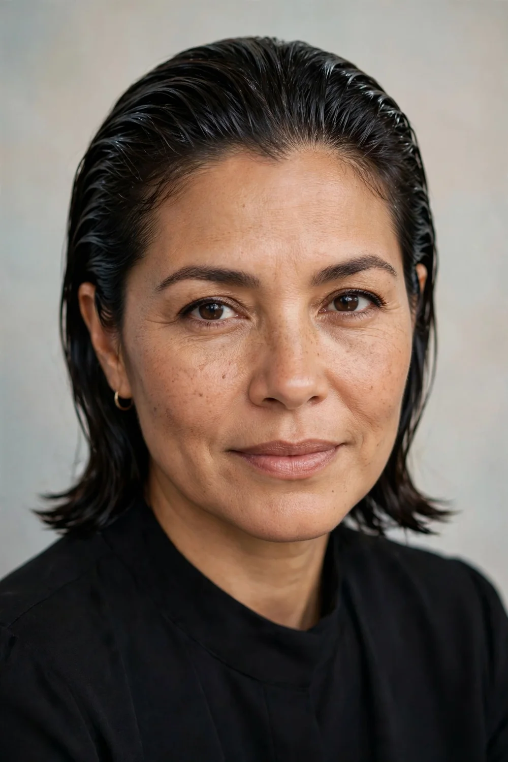 Woman with a wet-look slicked-back medium-length hairstyle