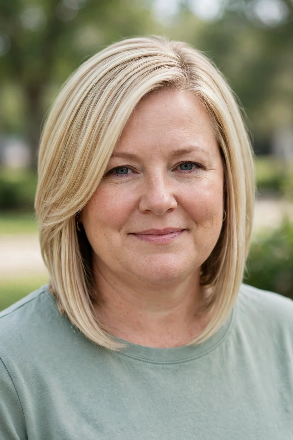 Woman with a round face wearing an angled A-line lob shorter in back and longer in front