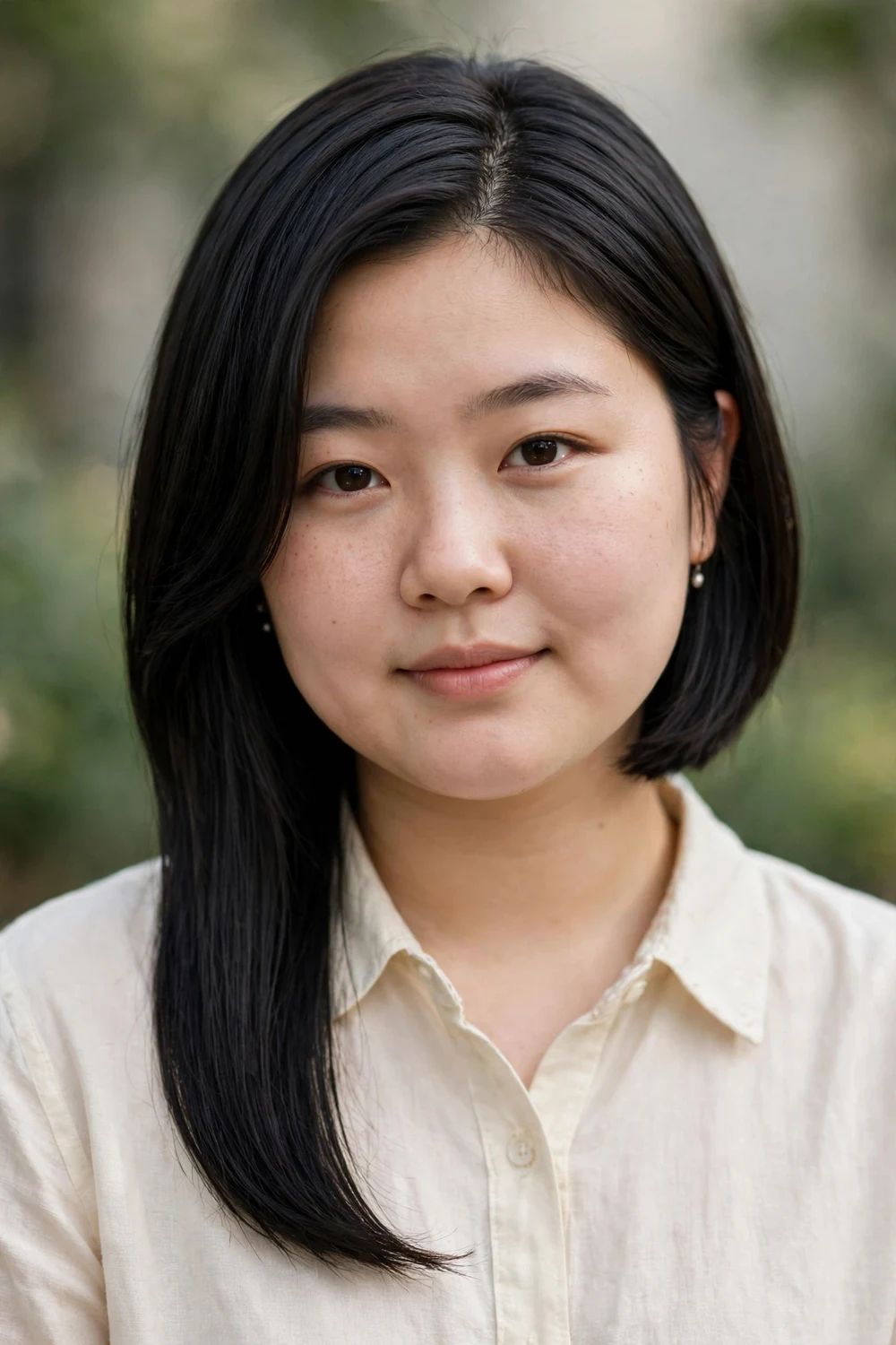 Woman with a full face wearing an asymmetrical lob longer in the front