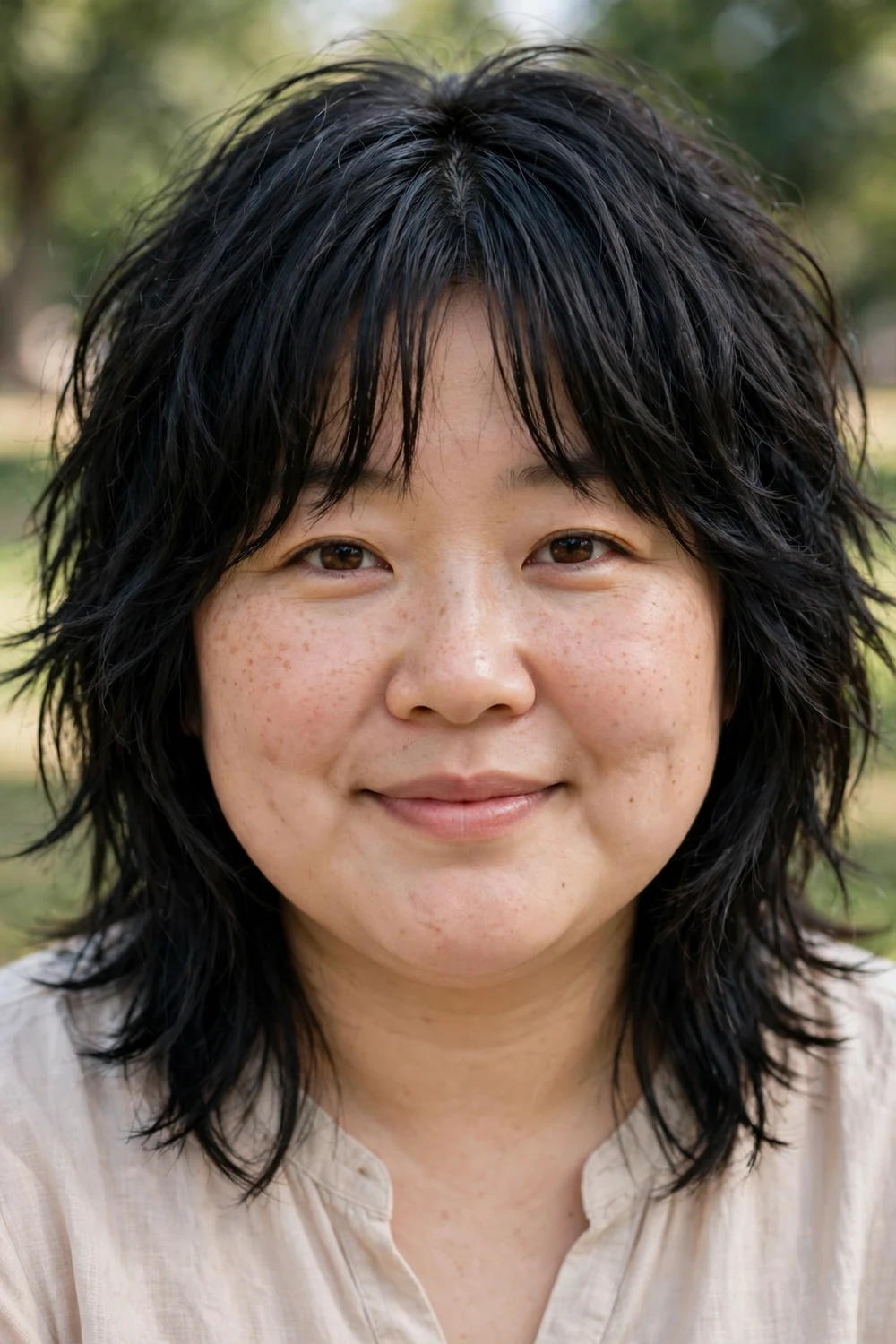 Woman with a full face wearing a choppy medium shag with curtain fringe