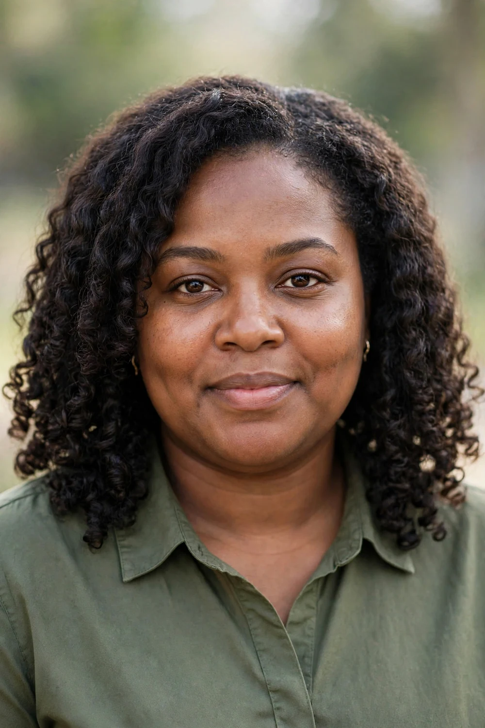 Woman with a full face and natural curly shoulder-length hair with long layers