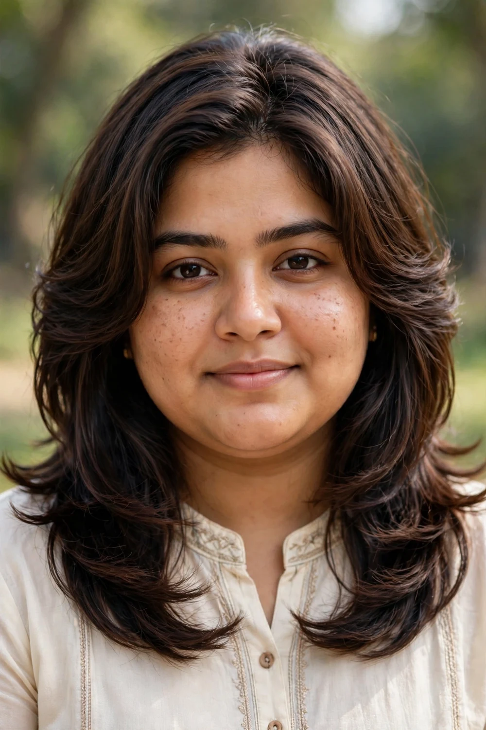 Woman with a round face and mid-length layered haircut with long face-framing layers