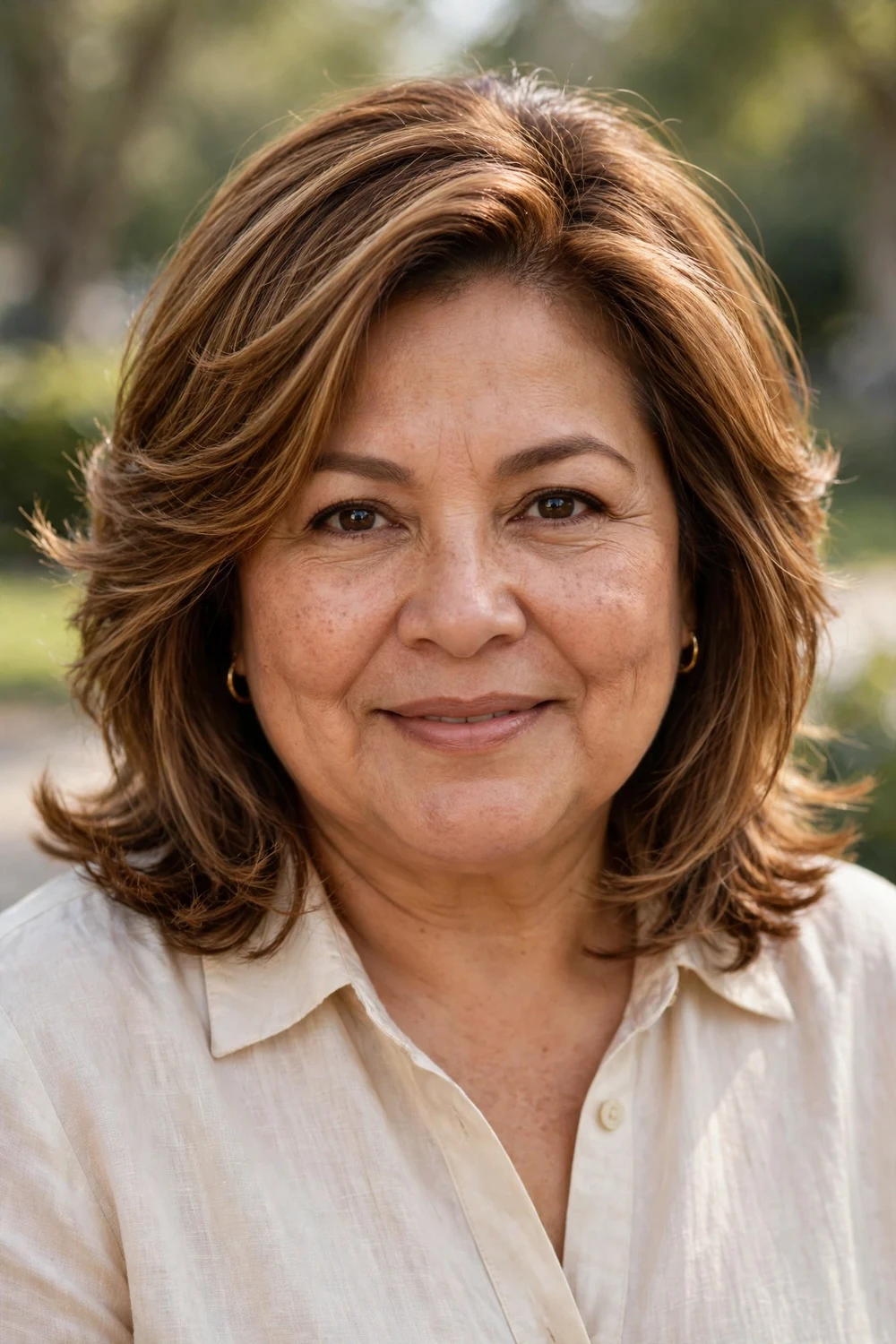 Woman with a full face wearing a feathered mid-length haircut with outward-flicked layers