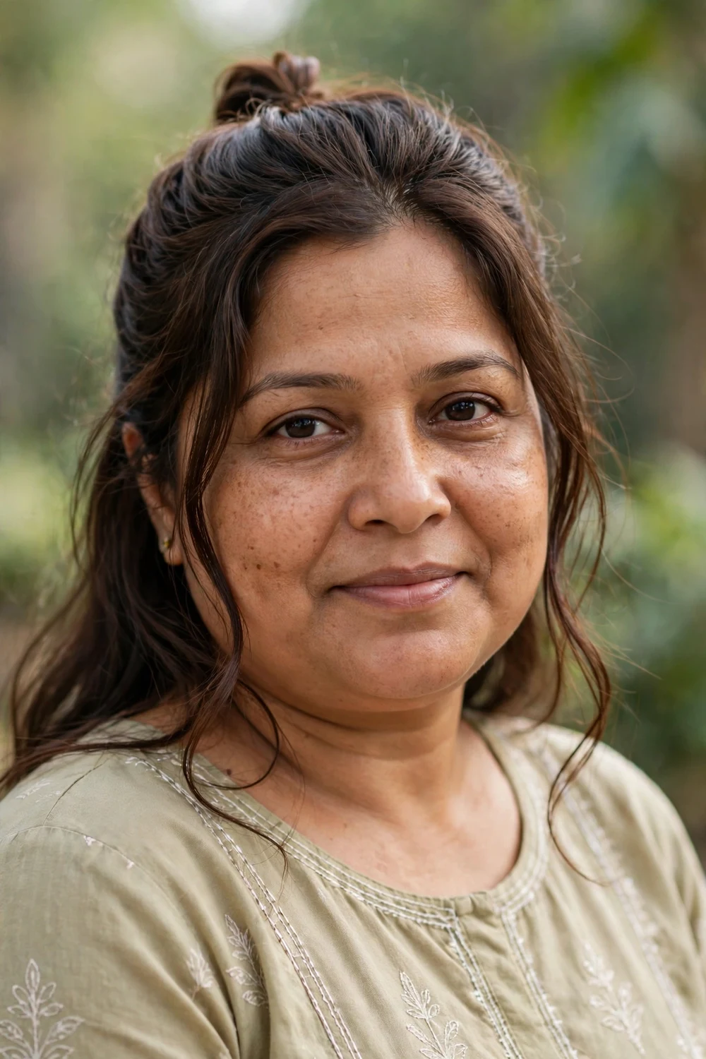 Woman with a round face wearing medium hair half-up with loose face-framing tendrils