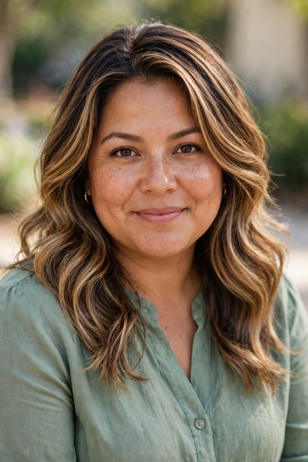 Woman with a full face and medium layered haircut with warm balayage dimension