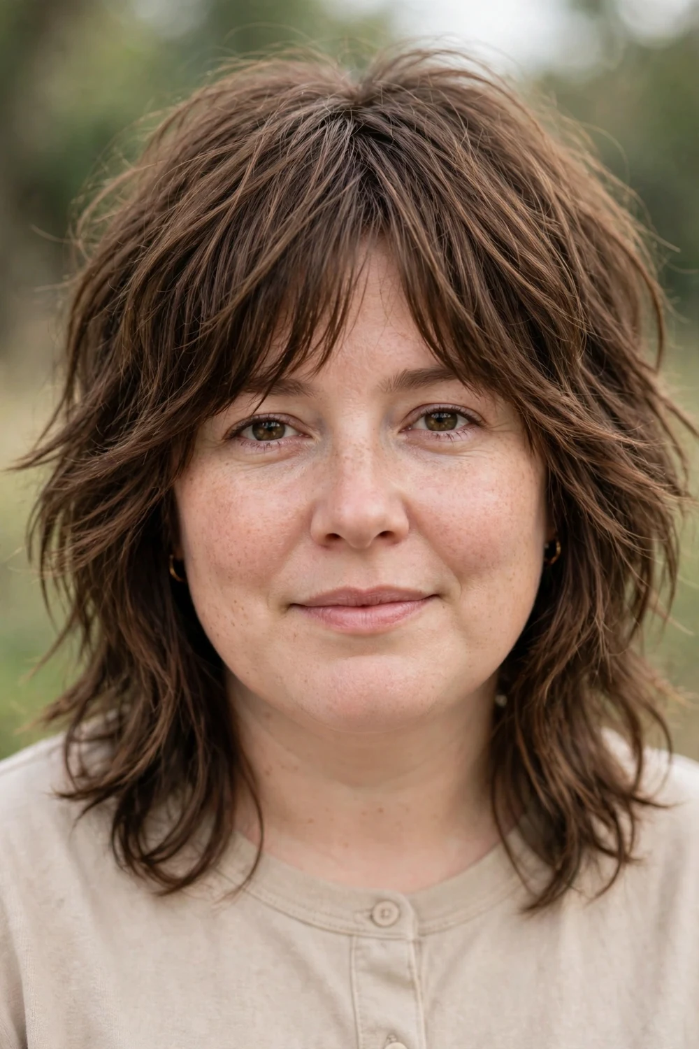 Woman with a round face wearing a medium-length shag with elongated layers