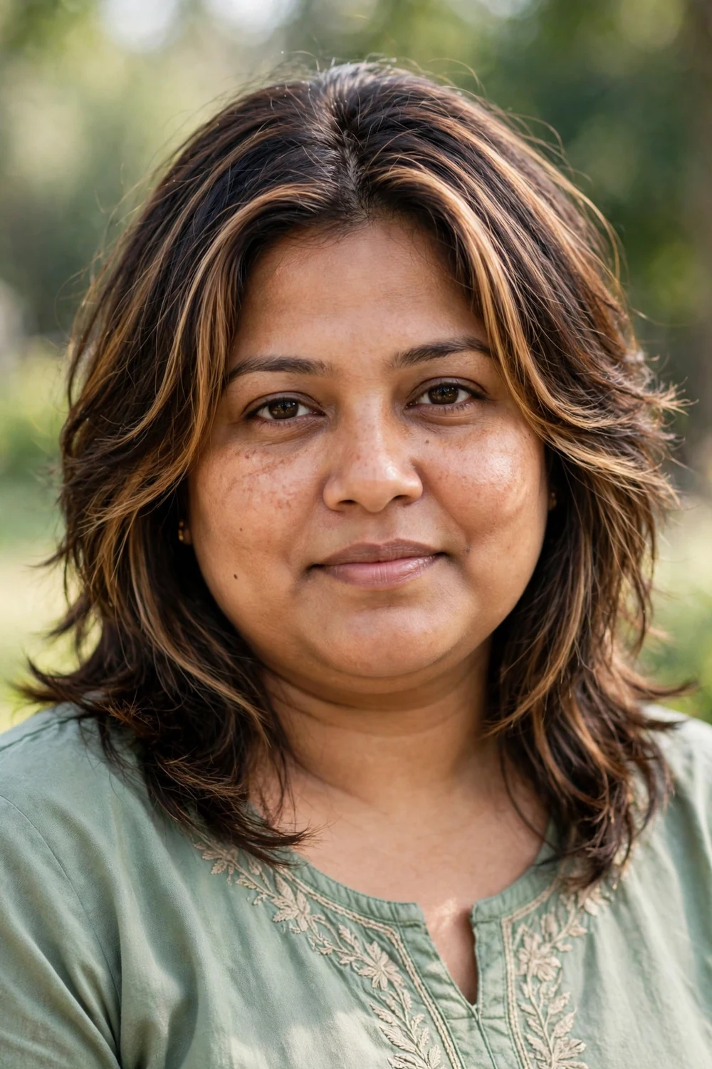 Woman with a full face and medium piecey layers with caramel face-framing highlights