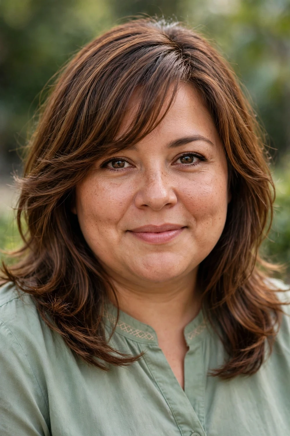 Woman with a round face and shoulder-length layered hair with side-swept bangs