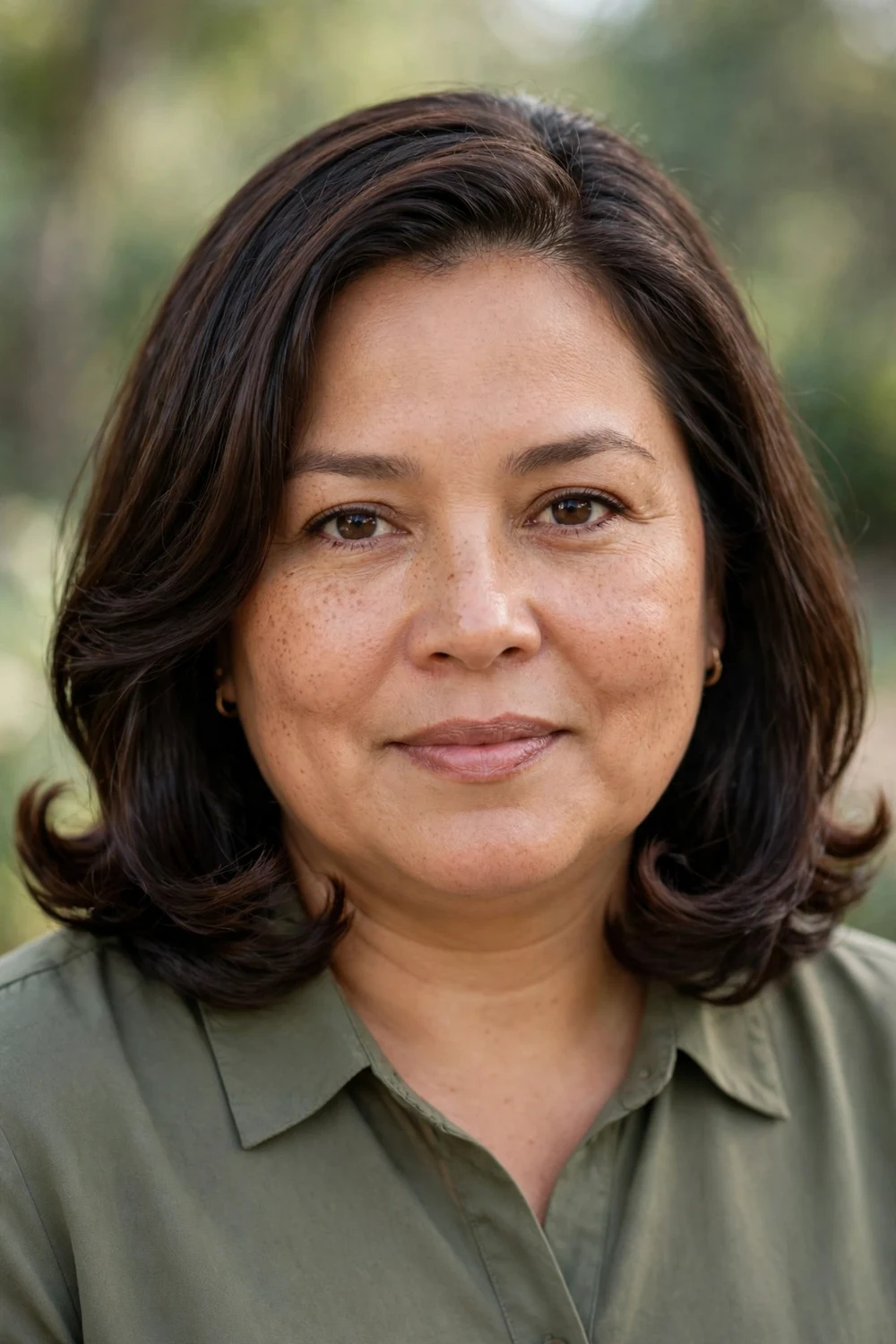 Woman with a full face wearing a long bob with soft inward C-curls at the ends