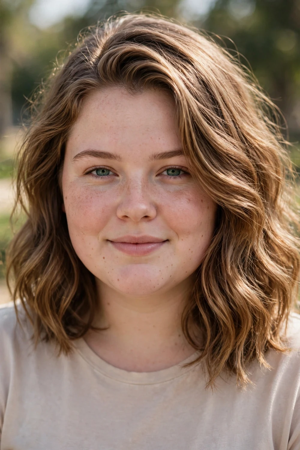 Woman with a round face wearing a wavy long bob with a deep side part