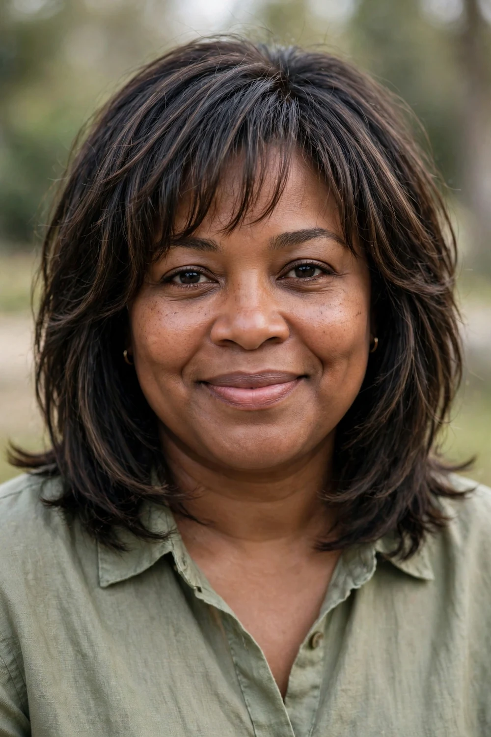 Woman with a full face wearing a mid-length textured cut with wispy bangs