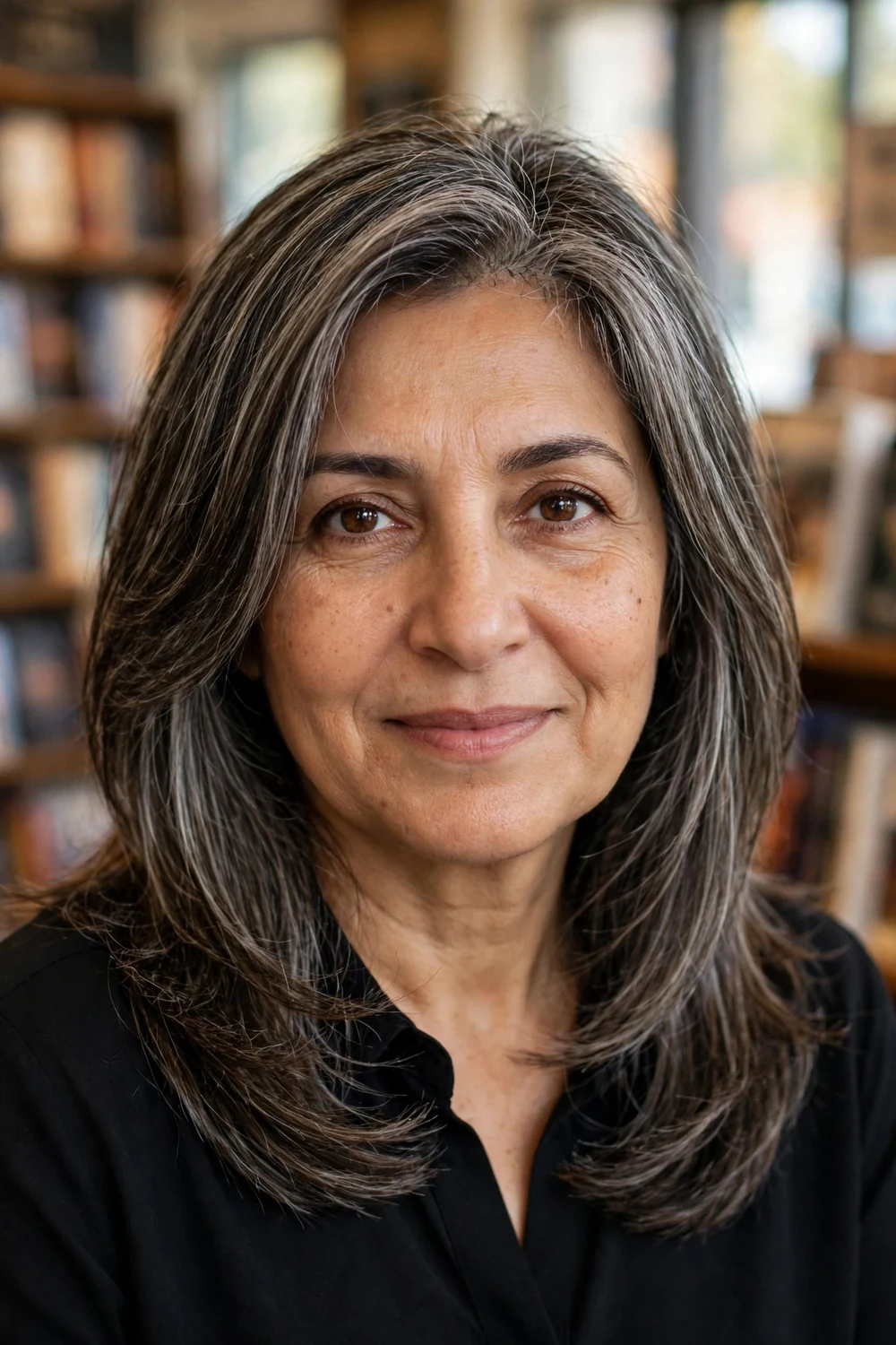 Middle Eastern woman in her mid-50s with medium layers and face-framing pieces in salt-and-pepper hair