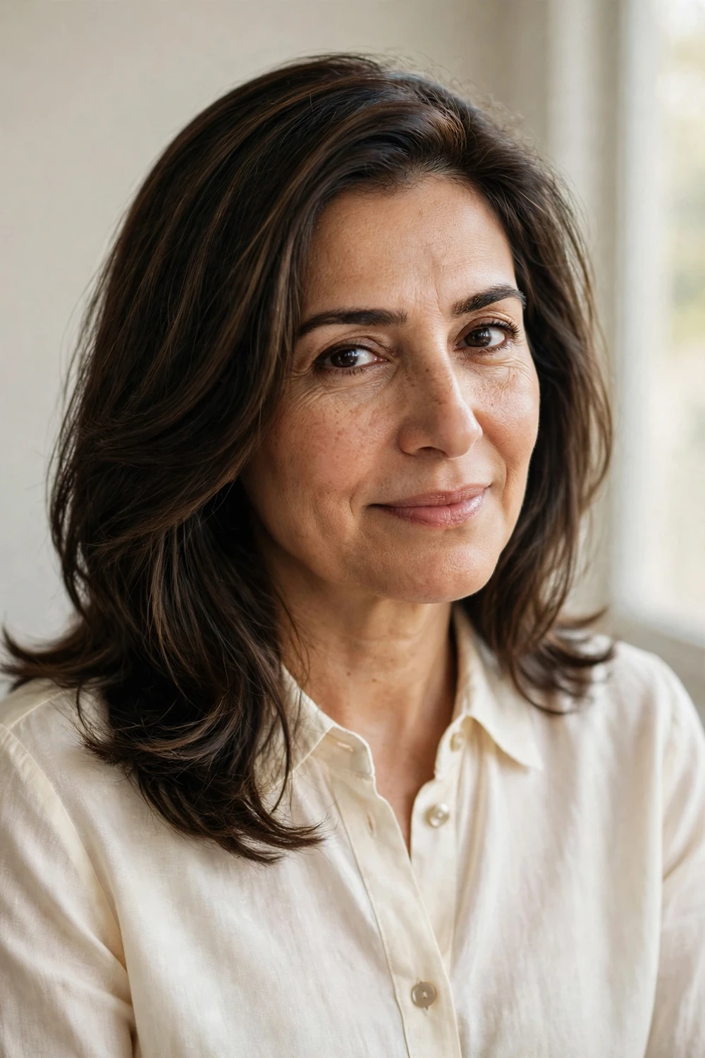 Woman with oval face wearing medium length layers with a side part