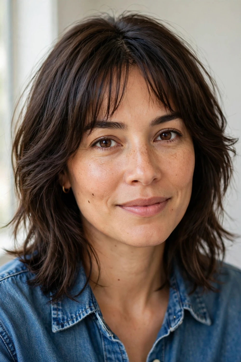 Oval-faced woman with medium layers and wispy bottleneck bangs