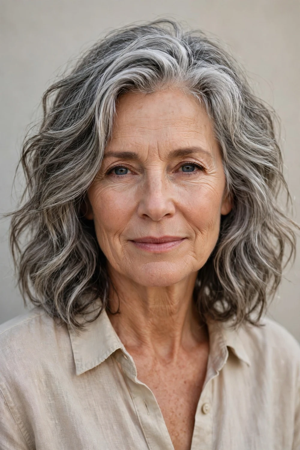Mature woman with textured beachy waves at medium length