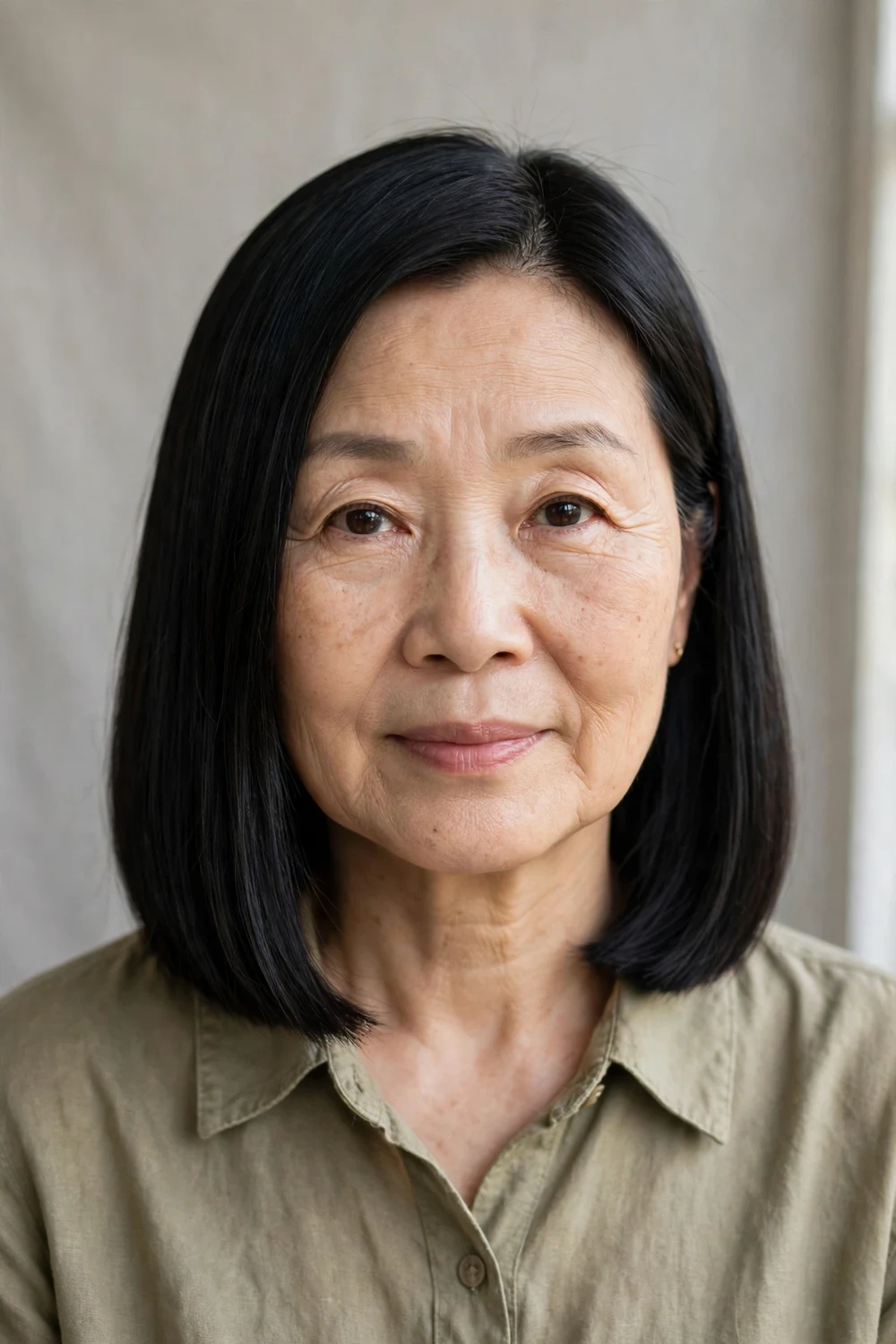 Senior woman with a blunt collarbone-length haircut