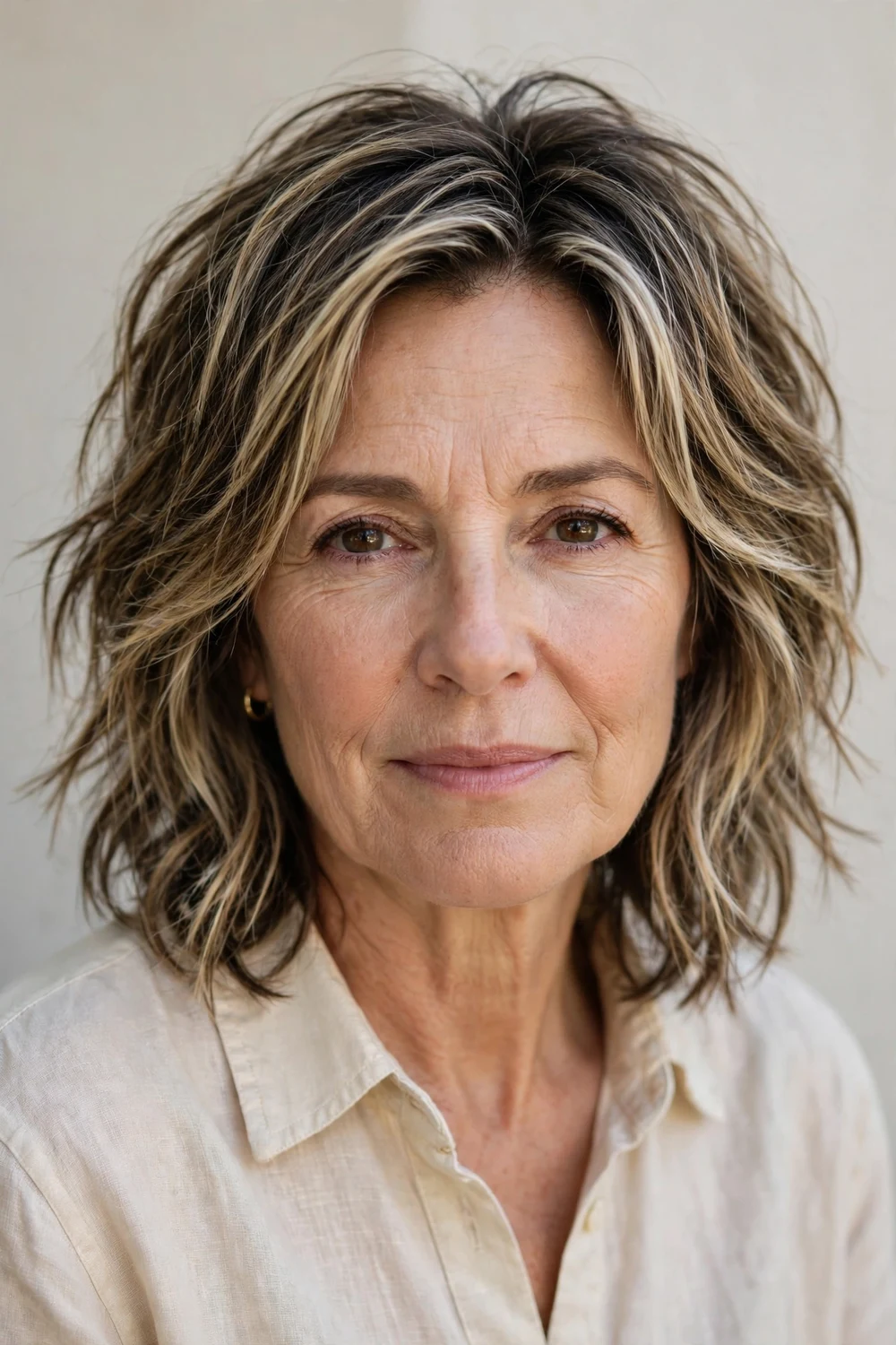 Mature woman with a choppy textured lob haircut