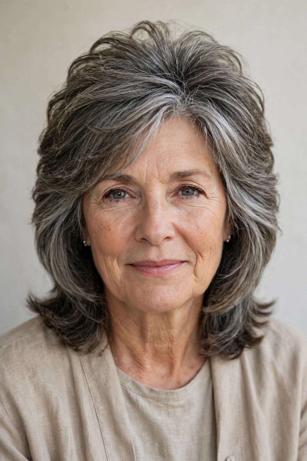 Mature woman with layered medium hair showing volume at the crown