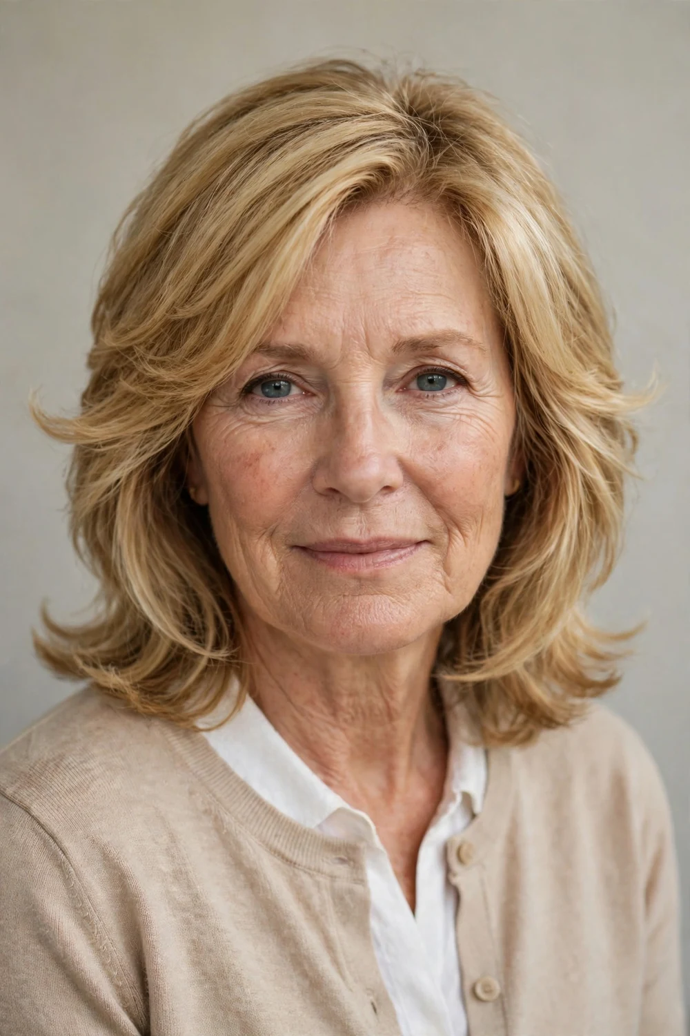 Woman in her 60s with feathered layered medium hair