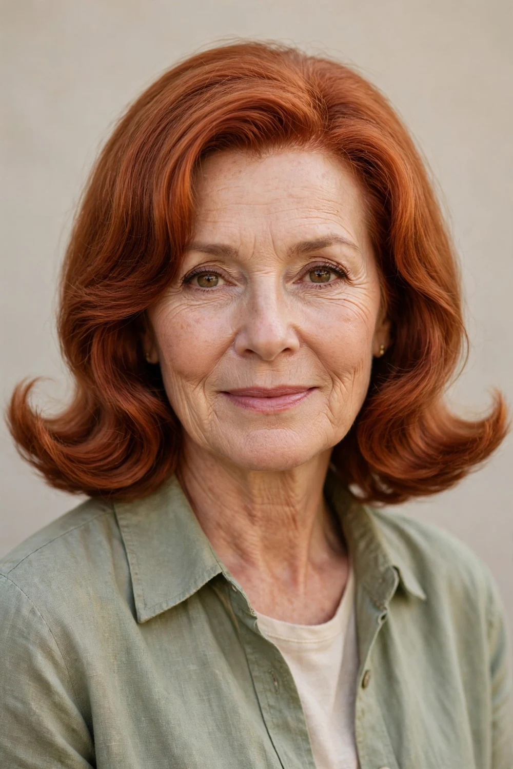Woman in her 60s with medium hair styled with flipped ends