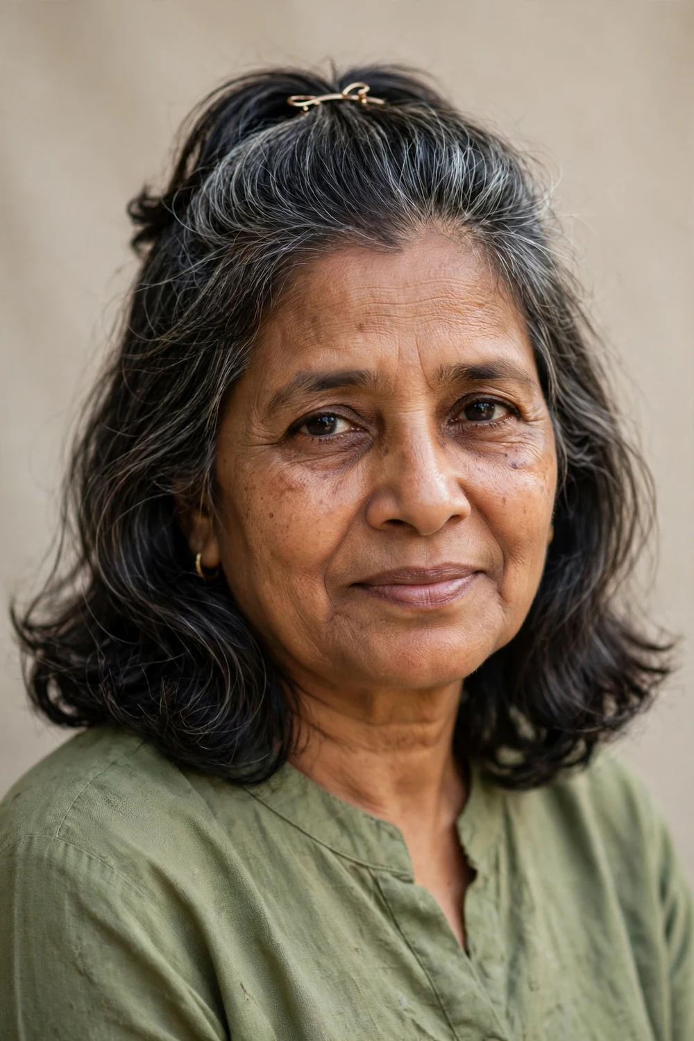 Older woman with medium hair styled in a half-up hairstyle