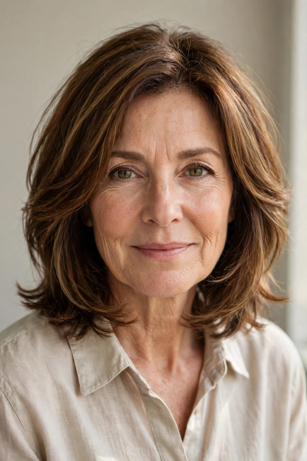 Older woman with a classic layered lob haircut at shoulder length