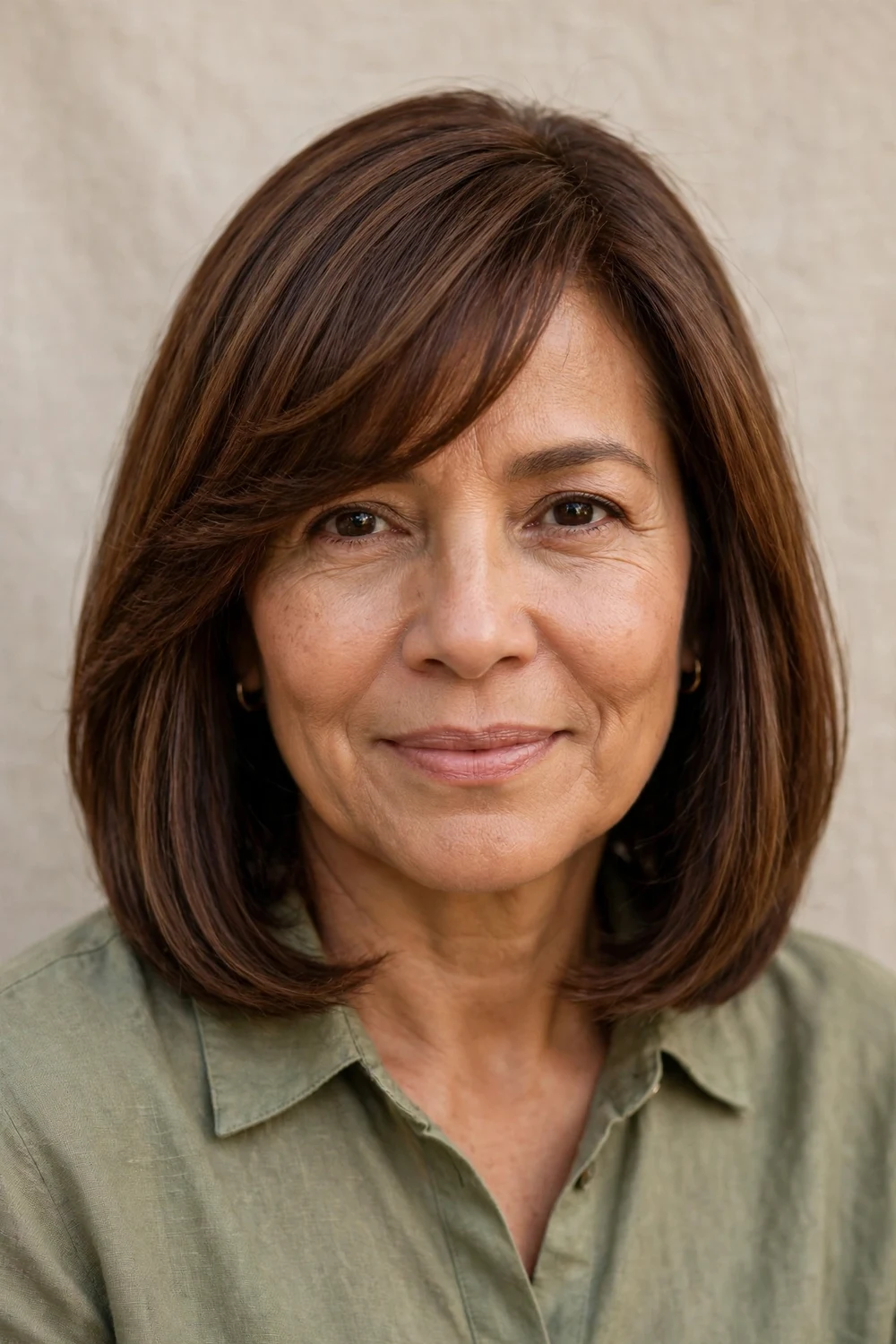 Older woman with a long bob and side-swept bangs