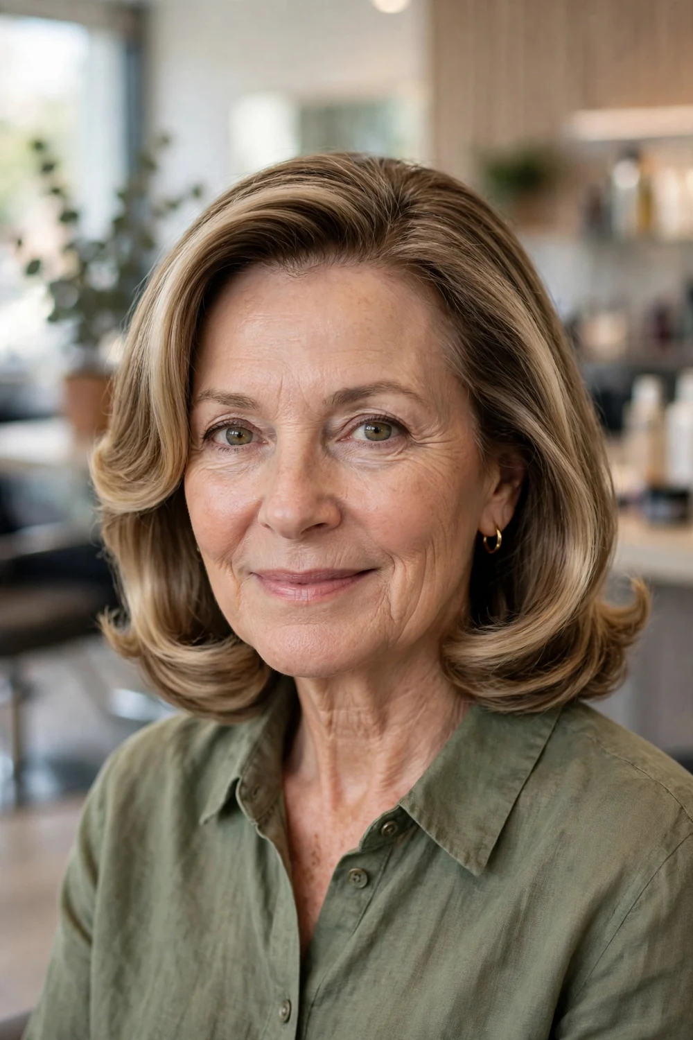 Mature woman with a smooth shoulder-length blowout hairstyle